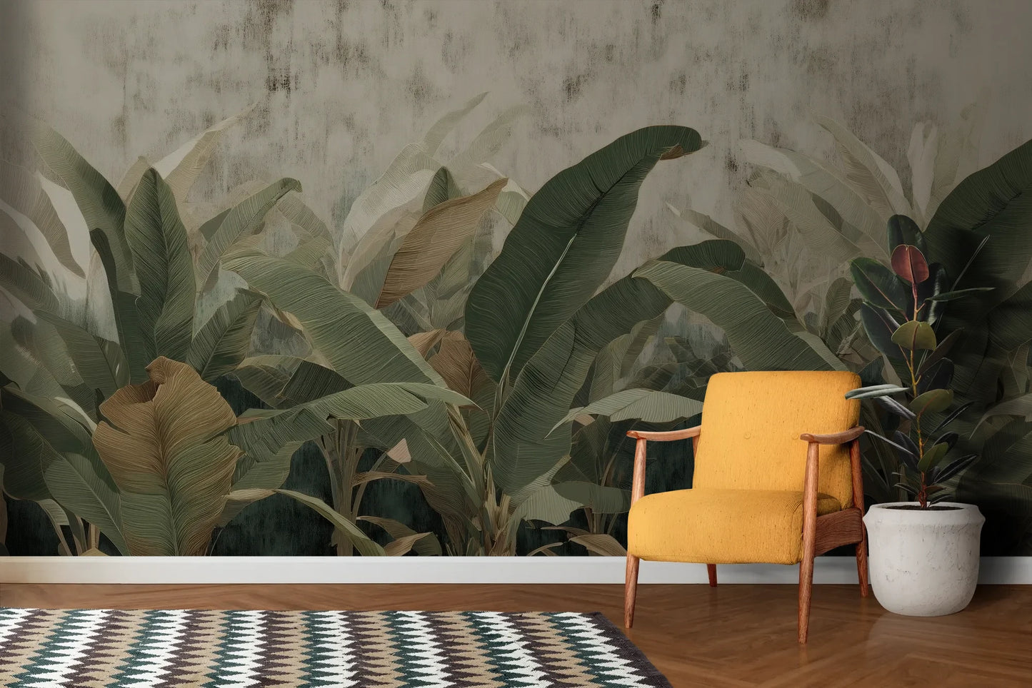 Wzór fototapety BANANA LEAVES SHADOW - tapeta z tropikalnymi liśćmi bananowca pokazanej w aranżacji salonu.