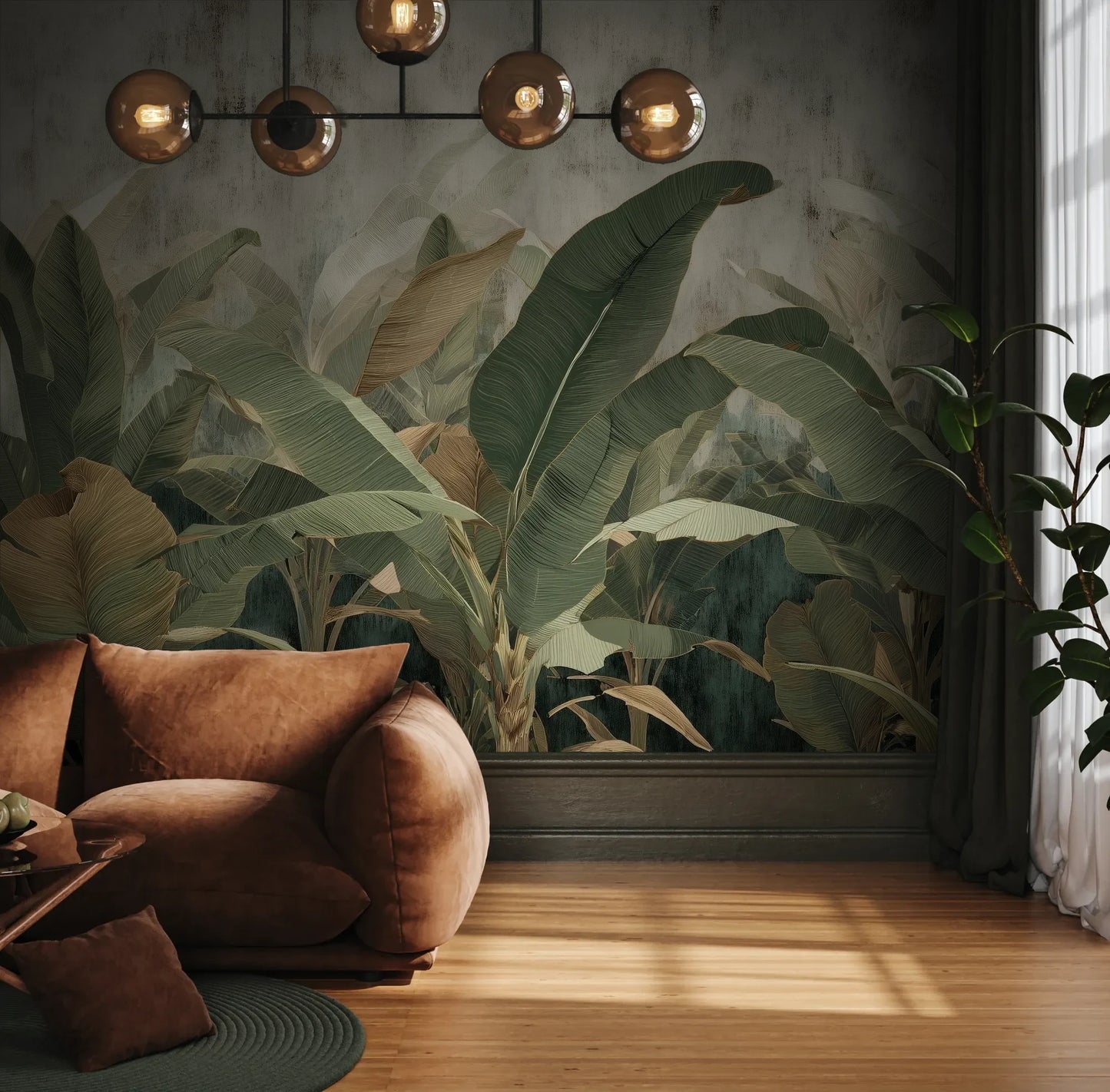 Fototapeta BANANA LEAVES SHADOW - tapeta z tropikalnymi liśćmi bananowca pokazana w aranżacji wnętrza z akcentem na ścianie.
