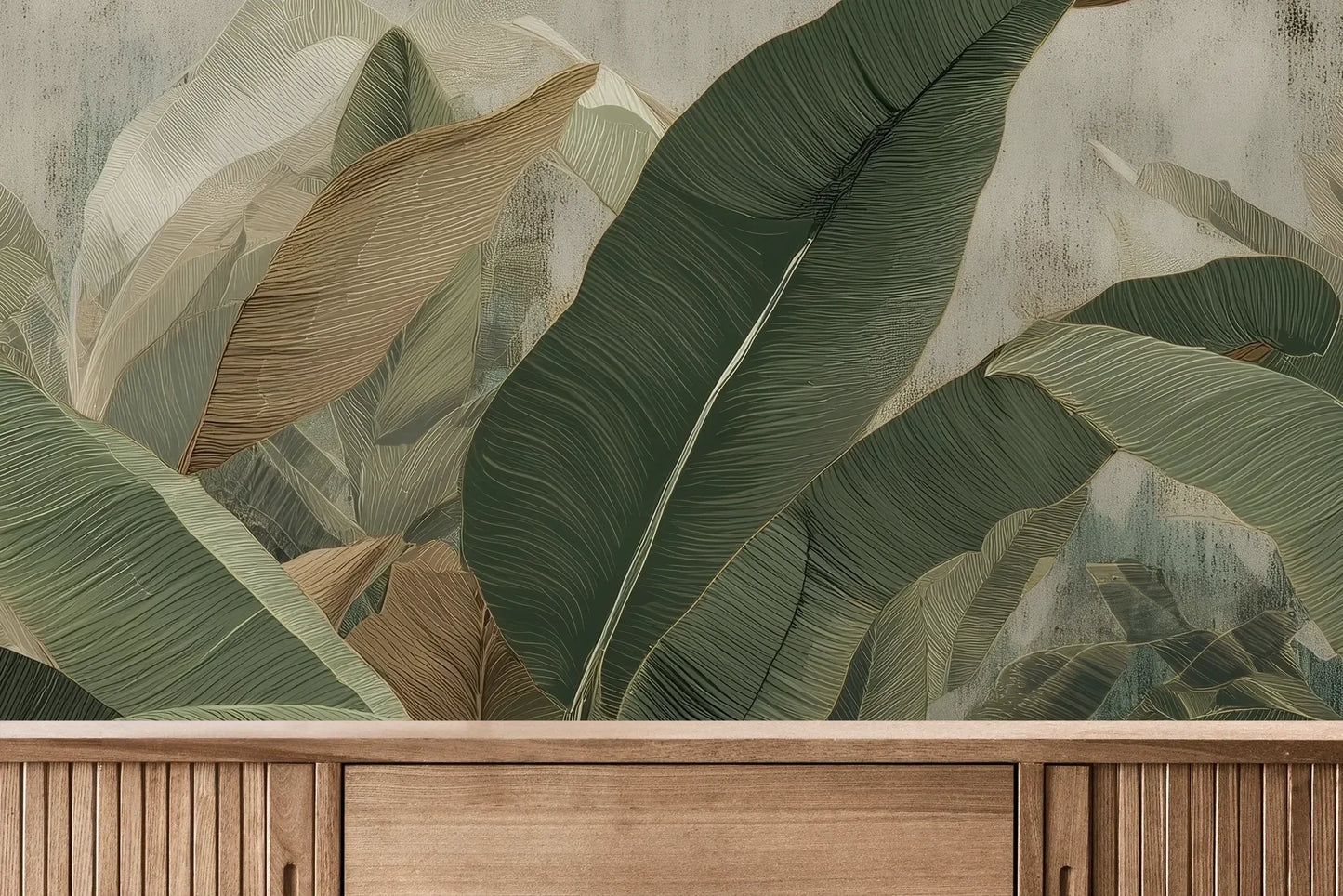 Fototapeta BANANA LEAVES SHADOW - tapeta z tropikalnymi liśćmi bananowca pokazana w aranżacji wnętrza z akcentem na ścianie.