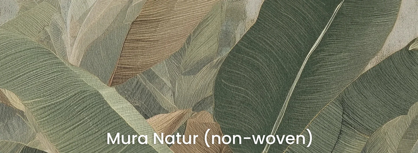 Zbliżenie na fototapetę BANANA LEAVES SHADOW - tapeta z tropikalnymi liśćmi bananowca na naturalnym podłożu ekologicznym.