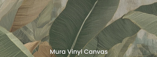 Zbliżenie na fototapetę BANANA LEAVES SHADOW - tapeta z tropikalnymi liśćmi bananowca na podłożu o fakturze płótna.