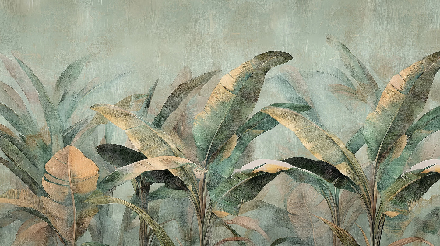 Prezentacja całego wzoru fototapety o nazwie GOLDEN LEAVES - tapeta z tropikalnymi liśćmi w miętowo-złotej palecie