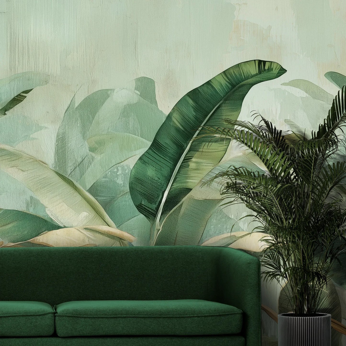 Fototapeta BANANA LEAF SYMPHONY - tapeta z tropikalnymi liśćmi bananowca pokazana w aranżacji wnętrza z akcentem na ścianie.