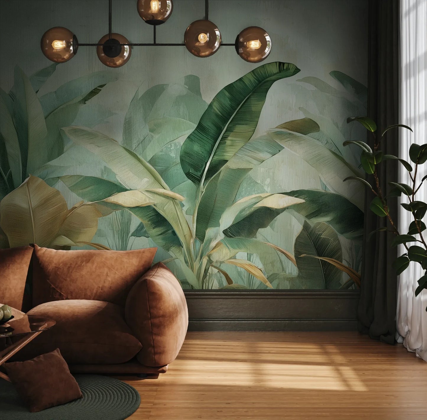 Fototapeta BANANA LEAF SYMPHONY - tapeta z tropikalnymi liśćmi bananowca pokazana w aranżacji wnętrza z akcentem na ścianie.