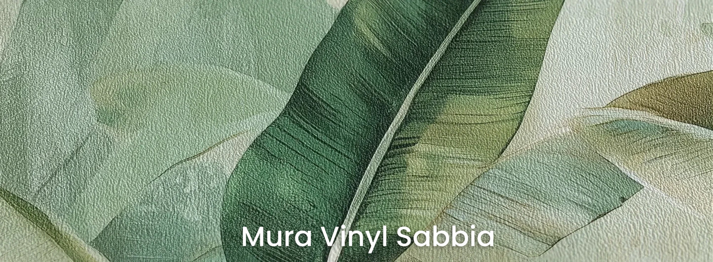 Zbliżenie na fototapetę BANANA LEAF SYMPHONY - tapeta z tropikalnymi liśćmi bananowca na podłożu o strukturze ziarna piasku.
