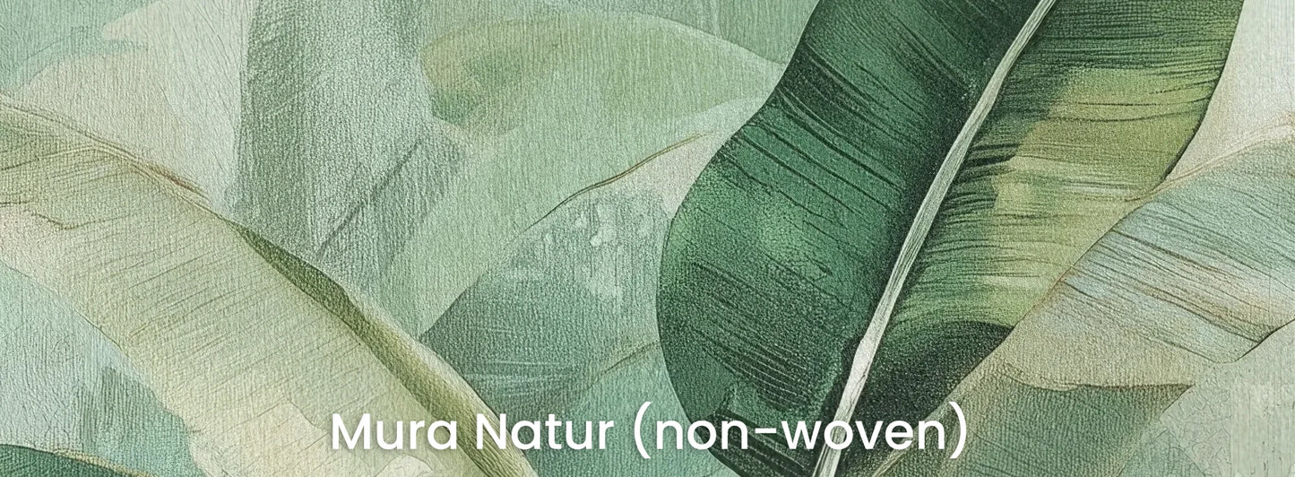 Zbliżenie na fototapetę BANANA LEAF SYMPHONY - tapeta z tropikalnymi liśćmi bananowca na naturalnym podłożu ekologicznym.