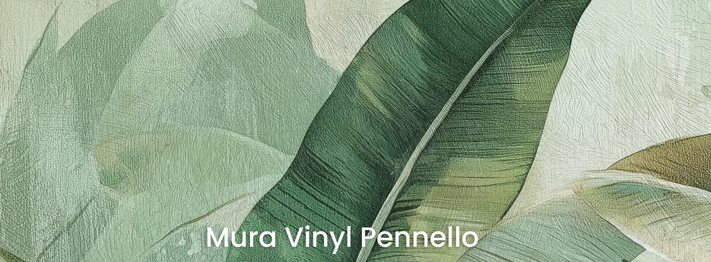 Zbliżenie na fototapetę BANANA LEAF SYMPHONY - tapeta z tropikalnymi liśćmi bananowca na podłożu o fakturze pociągnięć pędzla.