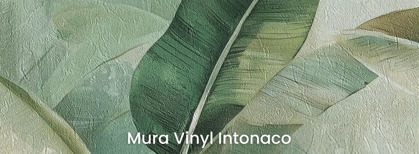 Zbliżenie na fototapetę BANANA LEAF SYMPHONY - tapeta z tropikalnymi liśćmi bananowca na podłożu o strukturze tartego tynku.