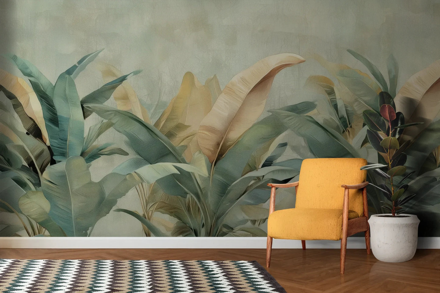 Wzór fototapety TROPICAL WHISPERS - tapeta z egzotycznymi liśćmi w odcieniach turkusu i złota pokazanej w aranżacji salonu.