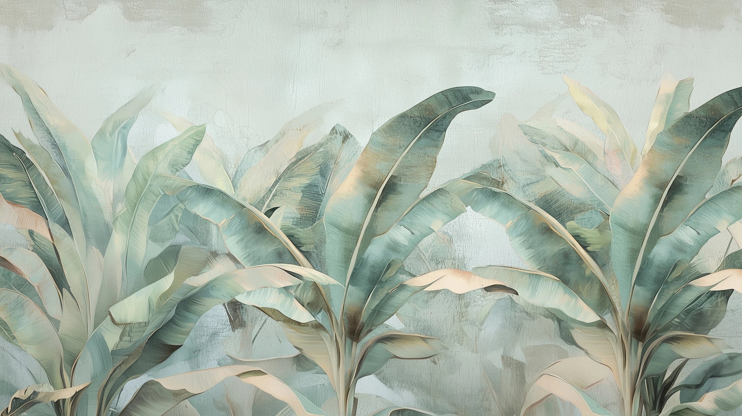 Pattern preview: Prezentacja całego wzoru fototapety o nazwie COASTAL PALMS - tapeta z tropikalnymi liśćmi w pastelowych odcieniach