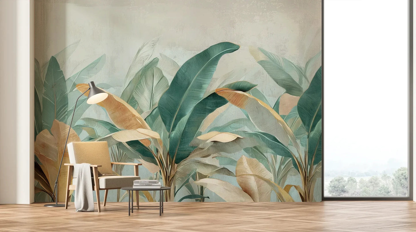 Wzór fototapety PALM SERENITY - tapeta z tropikalnymi liśćmi palm w stonowanych odcieniach pokazanej w aranżacji salonu.