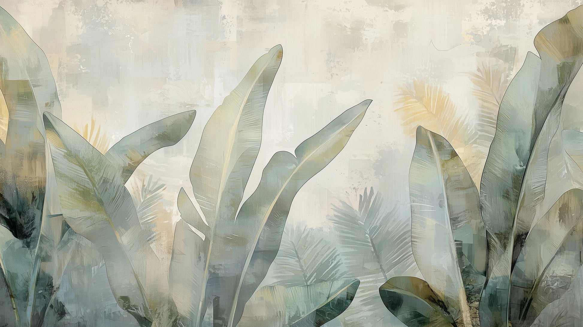 Prezentacja całego wzoru fototapety o nazwie JADE CANOPY - tapeta z tropikalnymi liśćmi w stonowanych zieleniach