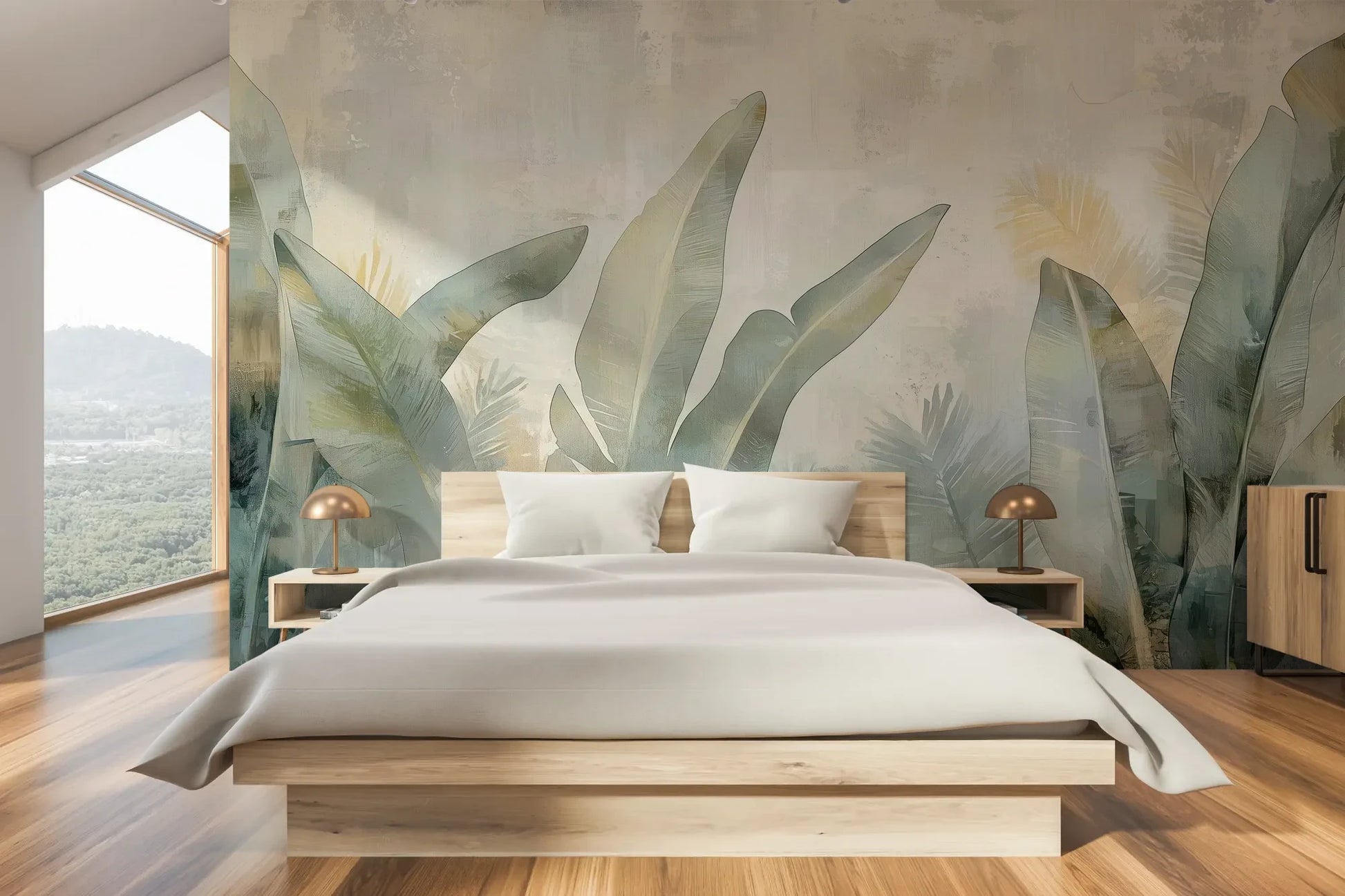 Wzór fototapety JADE CANOPY - tapeta z tropikalnymi liśćmi w stonowanych zieleniach pokazanej w aranżacji sypialni.