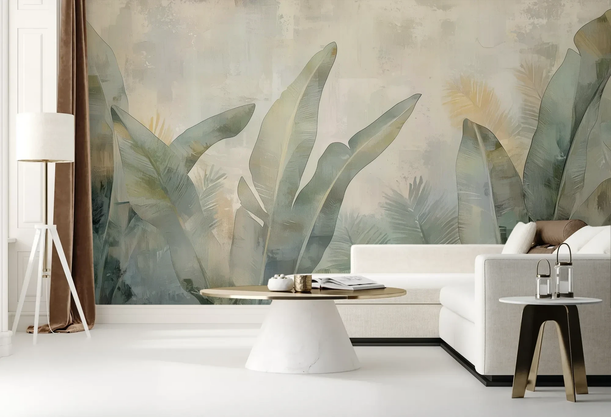 Wzór fototapety JADE CANOPY - tapeta z tropikalnymi liśćmi w stonowanych zieleniach pokazanej w aranżacji salonu.