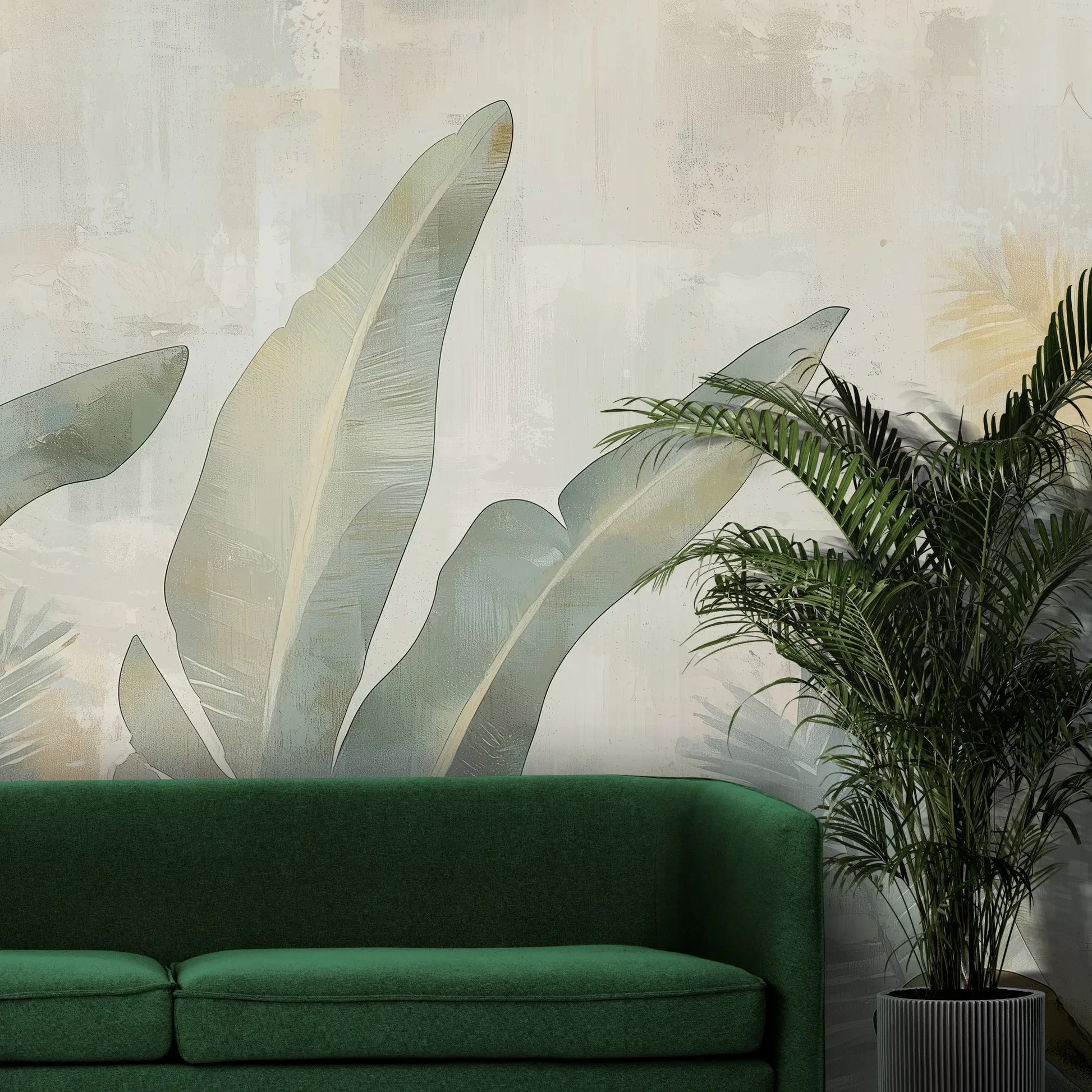 Fototapeta JADE CANOPY - tapeta z tropikalnymi liśćmi w stonowanych zieleniach pokazana w aranżacji wnętrza z akcentem na ścianie.