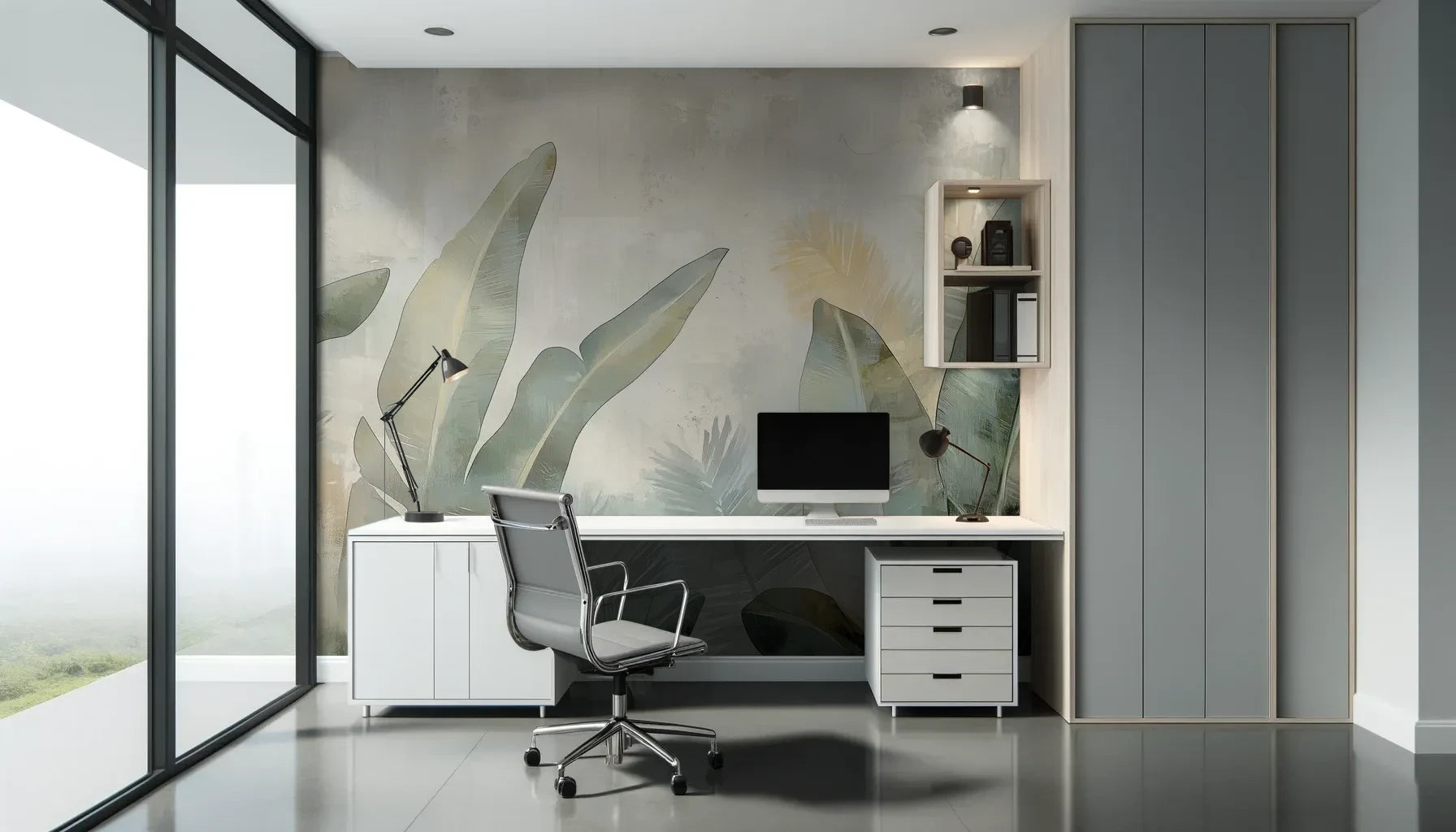 Fototapeta JADE CANOPY - tapeta z tropikalnymi liśćmi w stonowanych zieleniach pokazana w aranżacji biura.