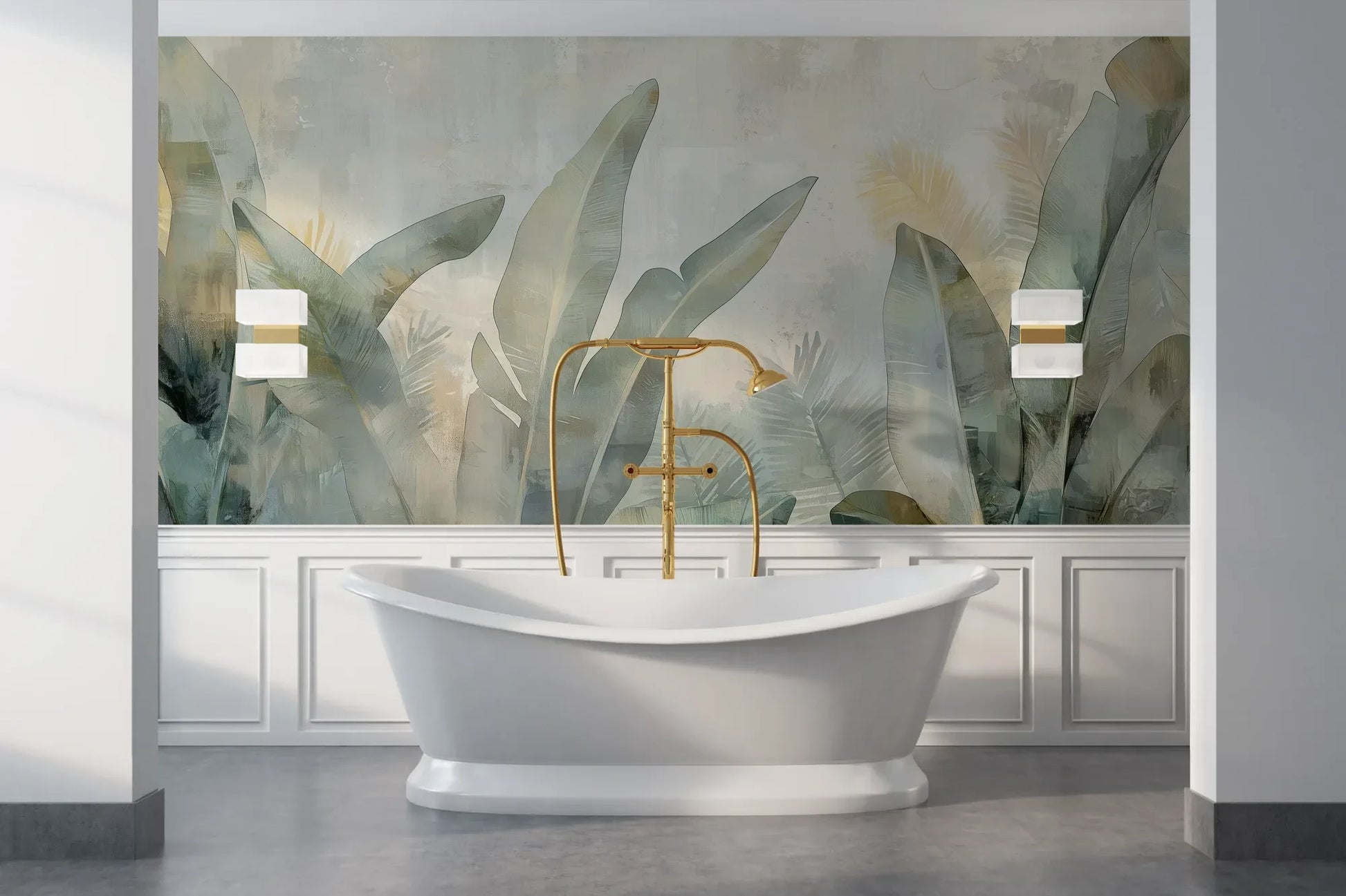 Wzór fototapety JADE CANOPY - tapeta z tropikalnymi liśćmi w stonowanych zieleniach pokazanej w aranżacji łazienki.