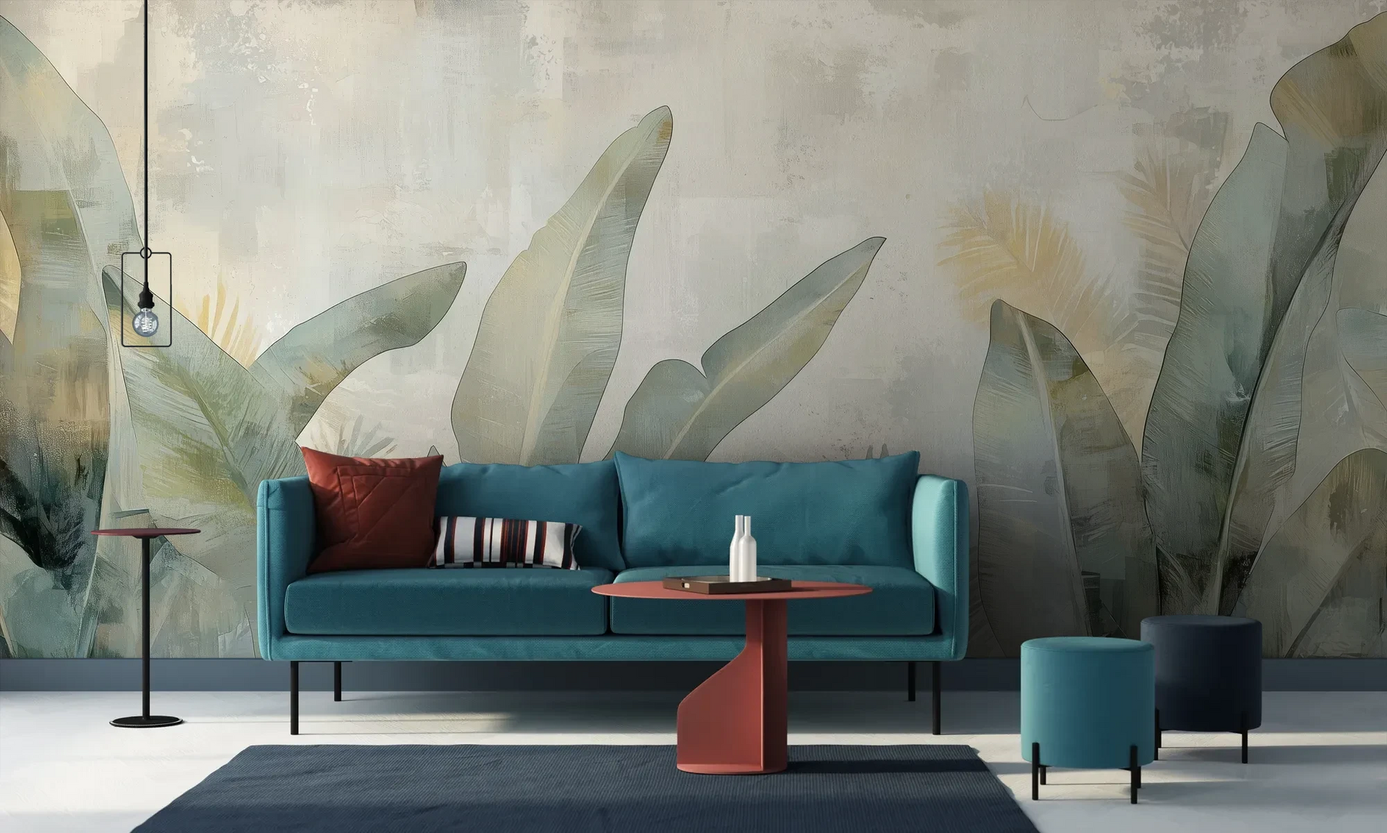 Wzór fototapety JADE CANOPY - tapeta z tropikalnymi liśćmi w stonowanych zieleniach pokazanej w aranżacji salonu.