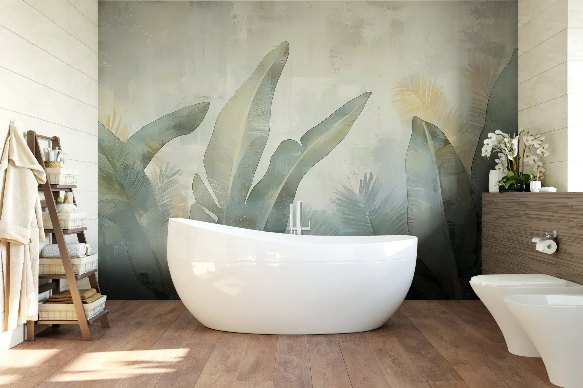Wzór fototapety JADE CANOPY - tapeta z tropikalnymi liśćmi w stonowanych zieleniach pokazanej w aranżacji łazienki.