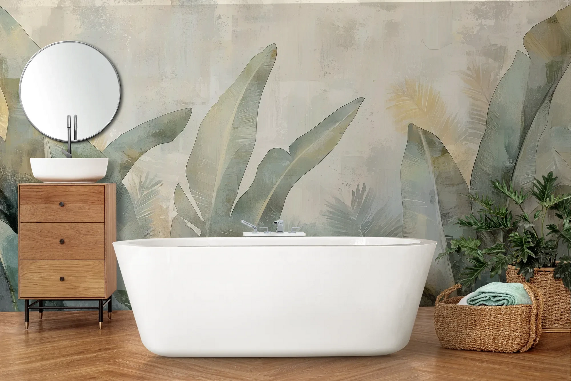 Wzór fototapety JADE CANOPY - tapeta z tropikalnymi liśćmi w stonowanych zieleniach pokazanej w aranżacji łazienki.