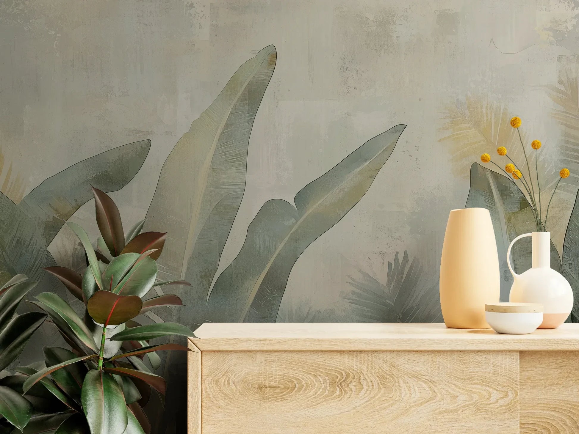 Fototapeta JADE CANOPY - tapeta z tropikalnymi liśćmi w stonowanych zieleniach pokazana w aranżacji wnętrza z akcentem na ścianie.