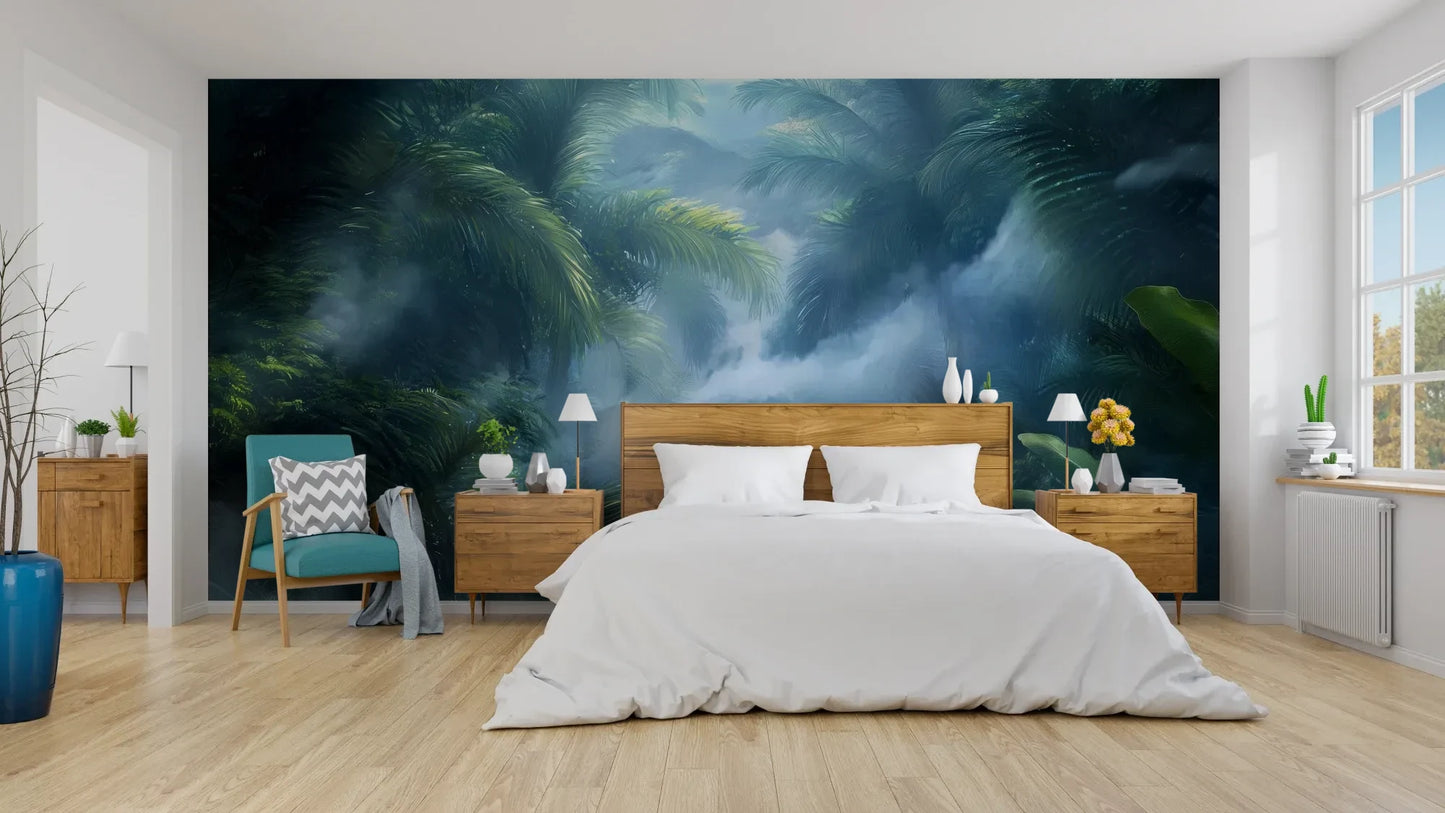 Wzór fototapety MISTY PARADISE - tapeta z tropikalną mglistą dżunglą pokazanej w aranżacji sypialni.