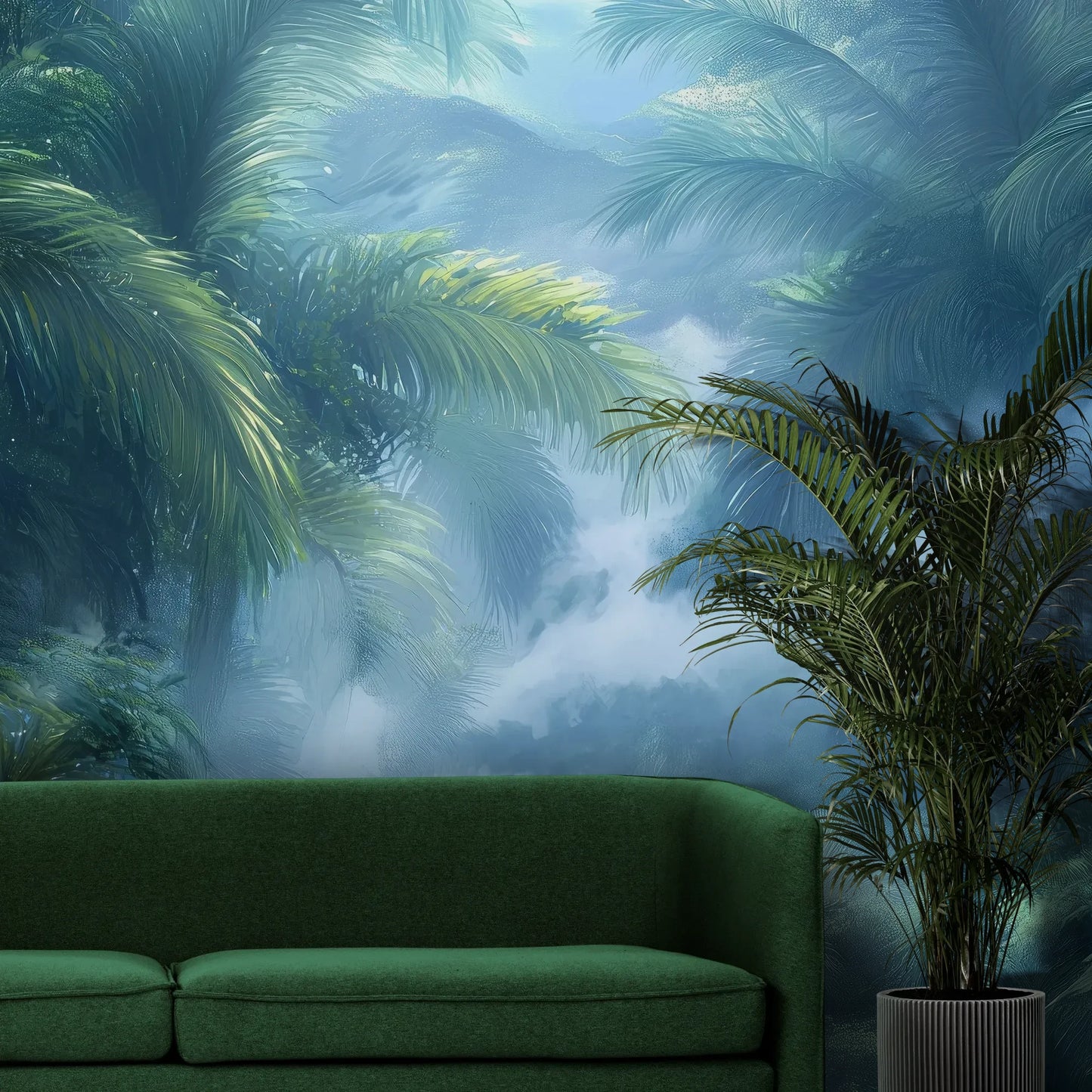 Fototapeta MISTY PARADISE - tapeta z tropikalną mglistą dżunglą pokazana w aranżacji wnętrza z akcentem na ścianie.