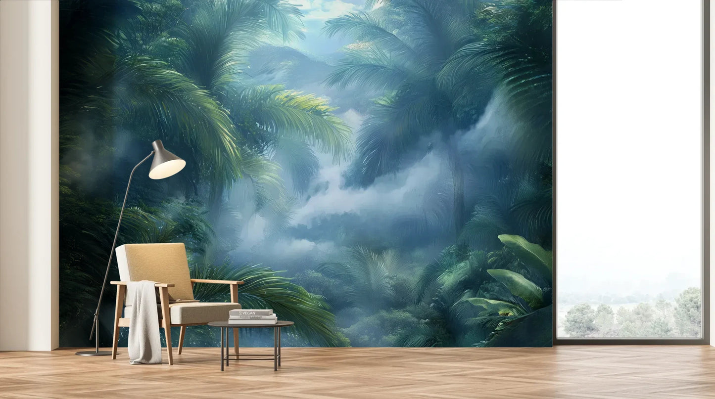 Wzór fototapety MISTY PARADISE - tapeta z tropikalną mglistą dżunglą pokazanej w aranżacji salonu.