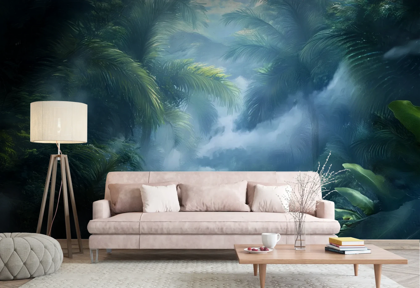 Wzór fototapety MISTY PARADISE - tapeta z tropikalną mglistą dżunglą pokazanej w aranżacji salonu.