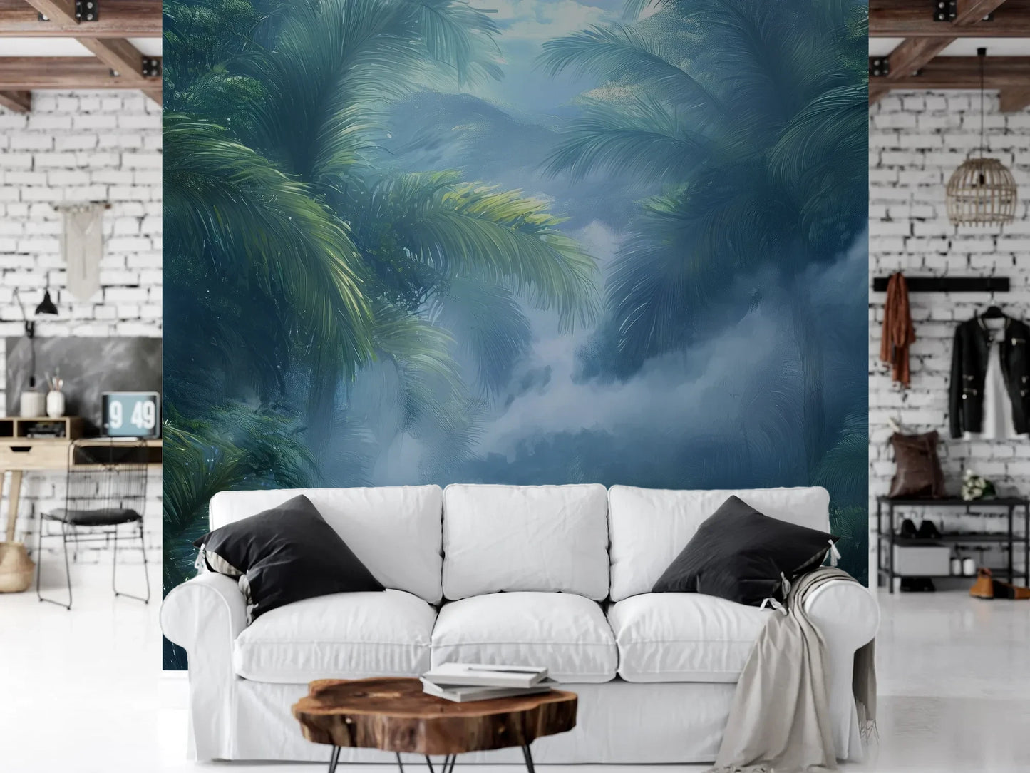 Wzór fototapety MISTY PARADISE - tapeta z tropikalną mglistą dżunglą pokazanej w aranżacji salonu.