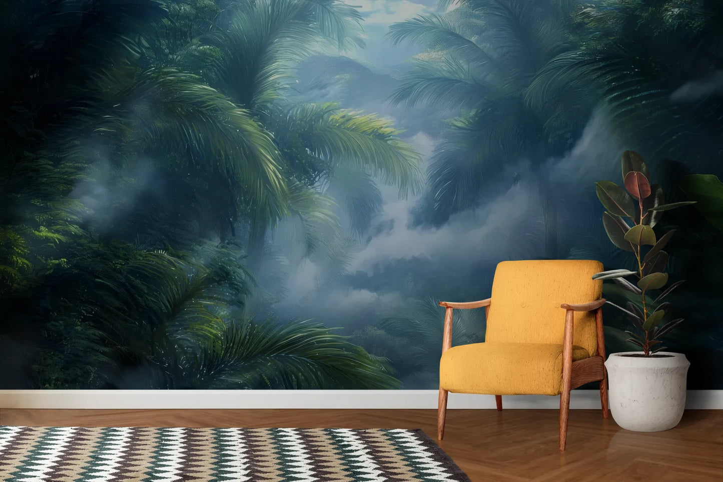 Wzór fototapety MISTY PARADISE - tapeta z tropikalną mglistą dżunglą pokazanej w aranżacji salonu.