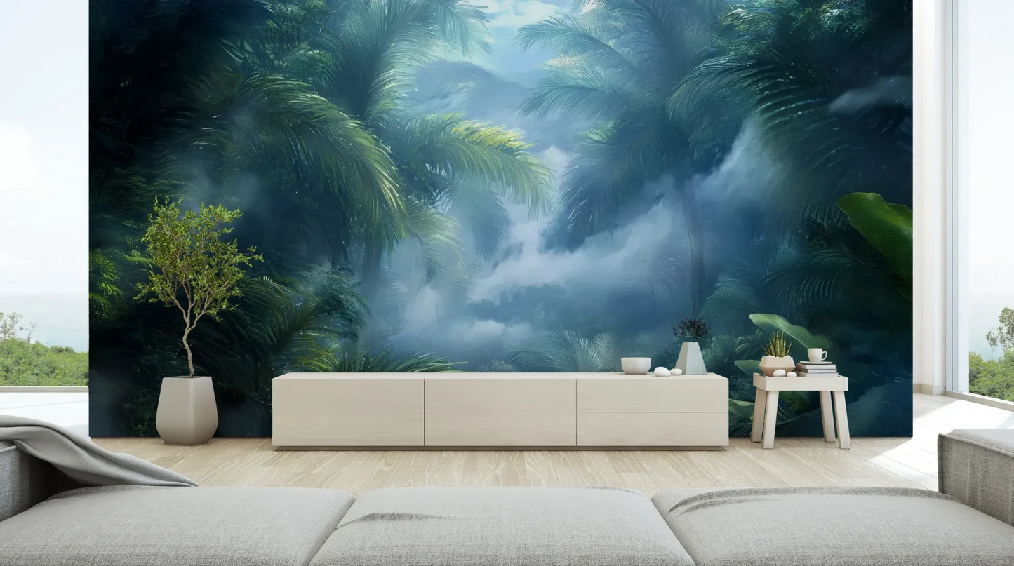 Wzór fototapety MISTY PARADISE - tapeta z tropikalną mglistą dżunglą pokazanej w aranżacji salonu.