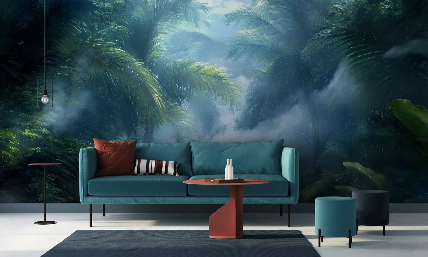 Wzór fototapety MISTY PARADISE - tapeta z tropikalną mglistą dżunglą pokazanej w aranżacji salonu.