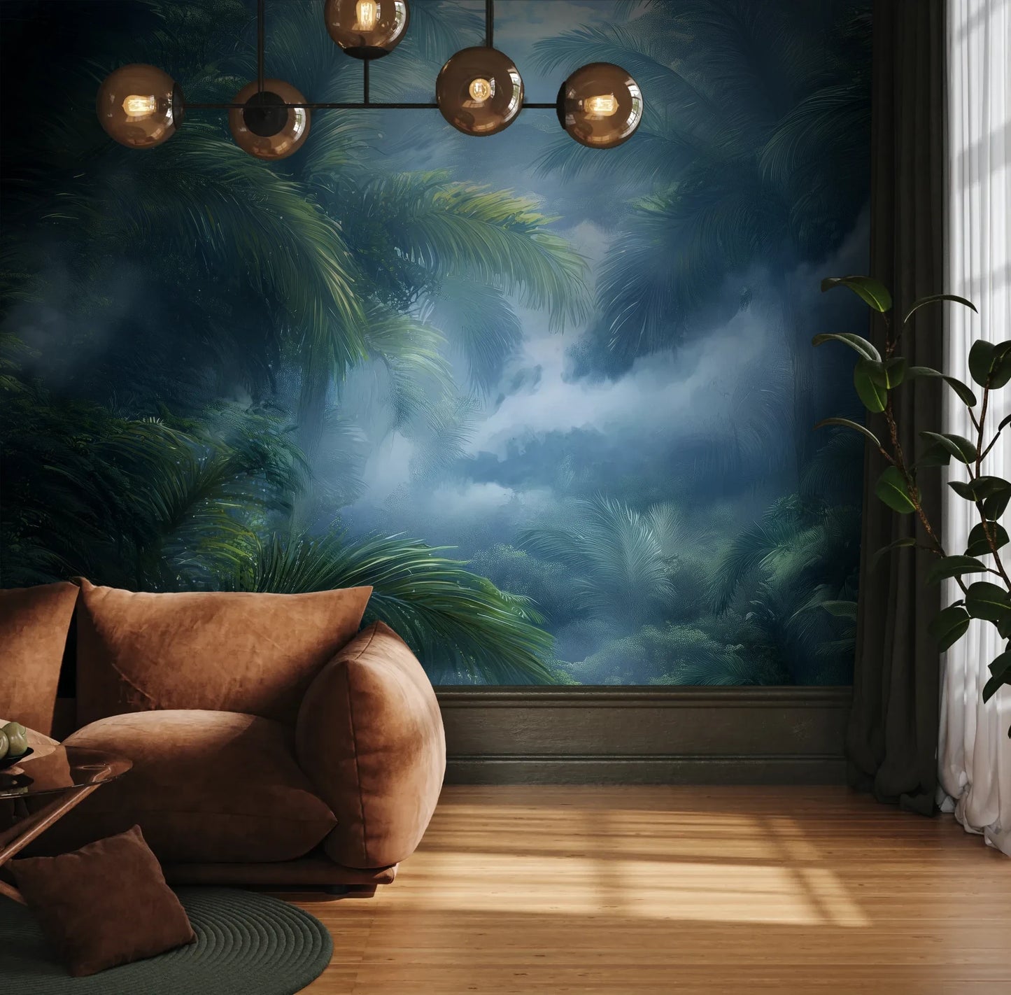 Fototapeta MISTY PARADISE - tapeta z tropikalną mglistą dżunglą pokazana w aranżacji wnętrza z akcentem na ścianie.