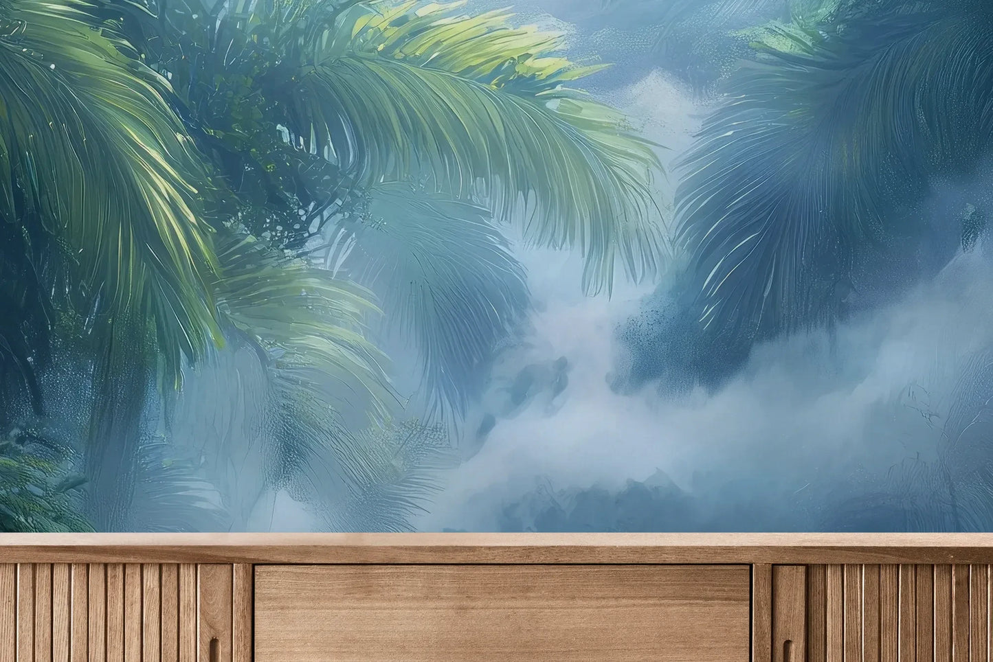 Fototapeta MISTY PARADISE - tapeta z tropikalną mglistą dżunglą pokazana w aranżacji wnętrza z akcentem na ścianie.