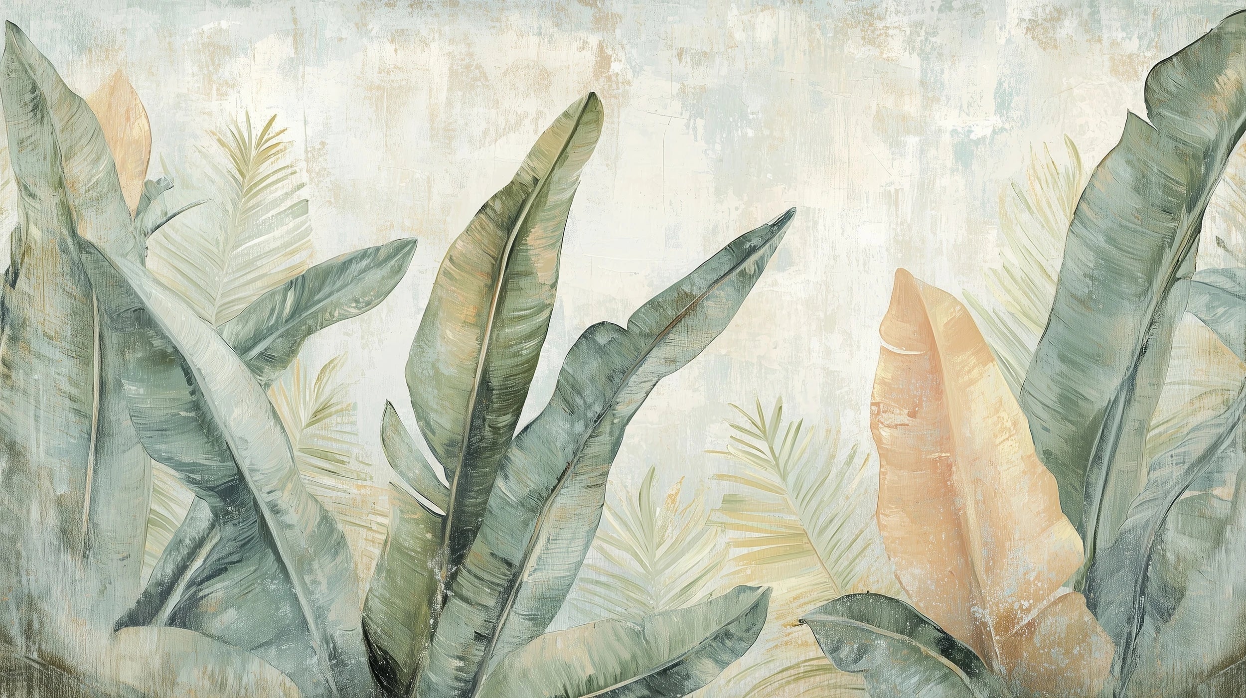 Mustervorschau: Prezentacja całego wzoru fototapety o nazwie TROPIC WATERCOLORS - tapeta z egzotycznymi liśćmi w akwarelowej stylistyce