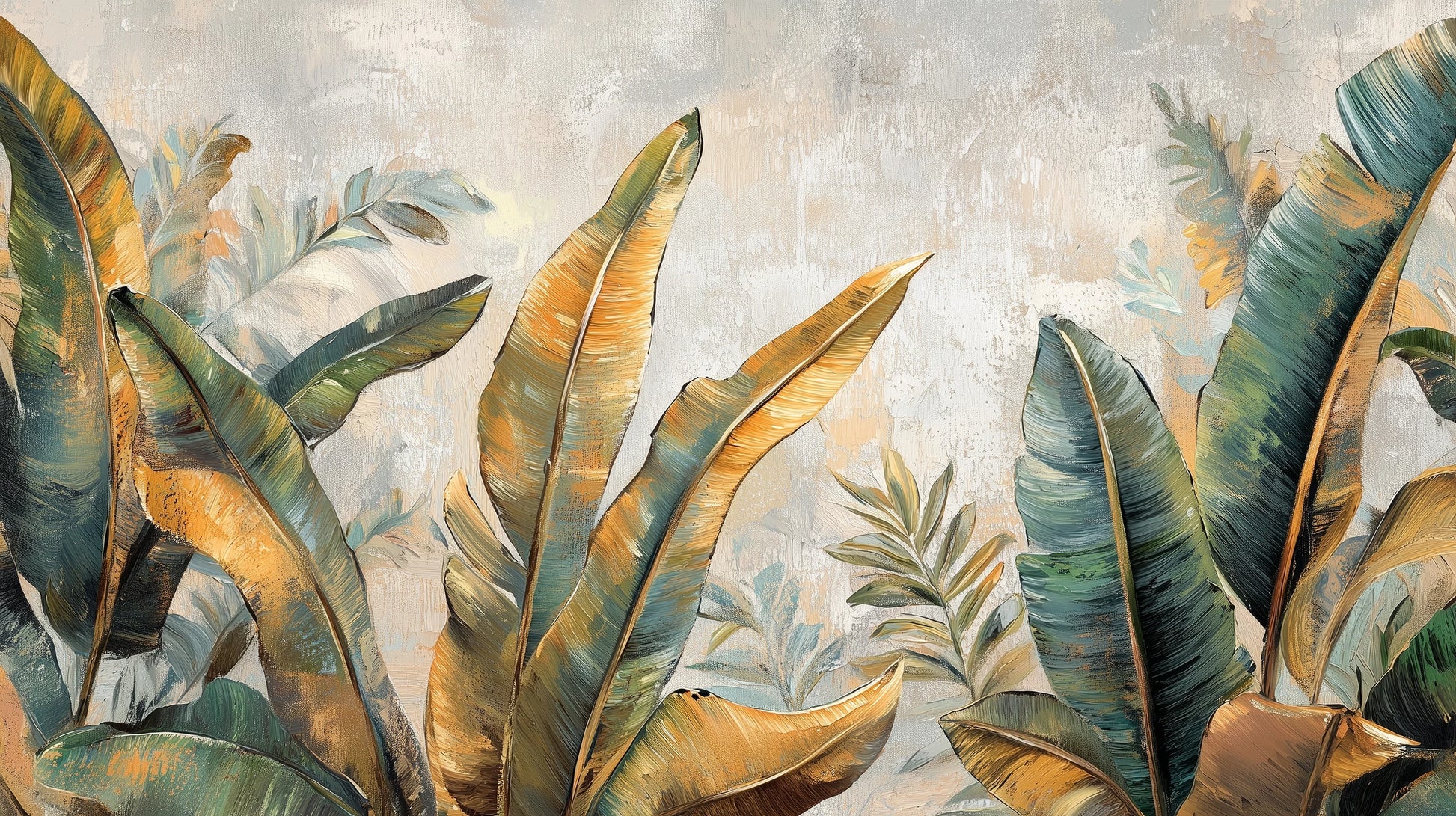Prezentacja całego wzoru fototapety o nazwie GILDED FOLIAGE - tapeta z tropikalnymi liśćmi w złoto-turkusowej palecie