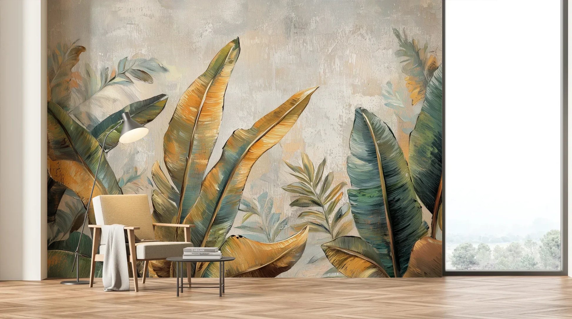 Wzór fototapety GILDED FOLIAGE - tapeta z tropikalnymi liśćmi w złoto-turkusowej palecie pokazanej w aranżacji salonu.