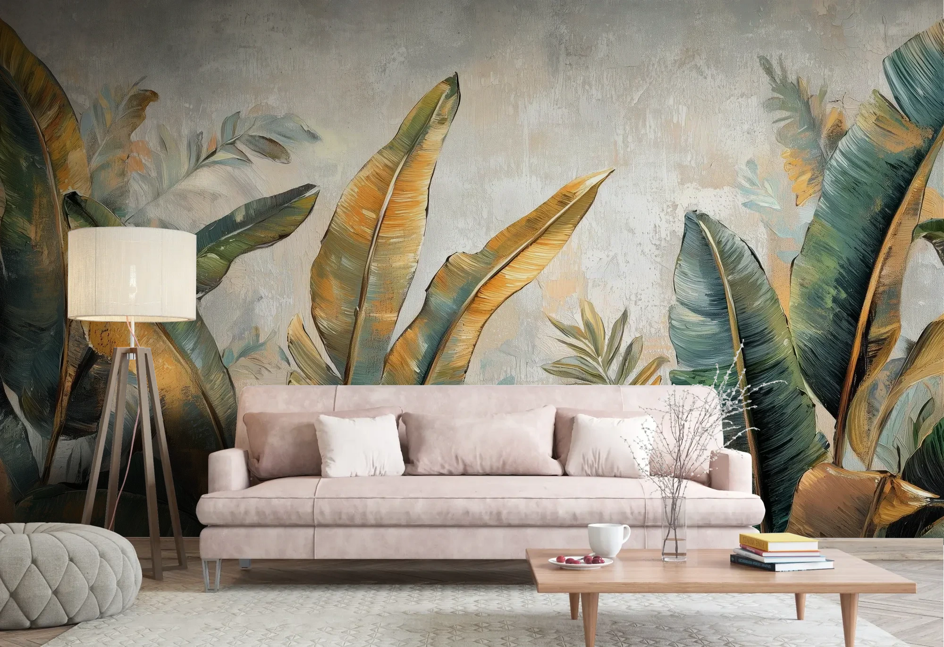 Wzór fototapety GILDED FOLIAGE - tapeta z tropikalnymi liśćmi w złoto-turkusowej palecie pokazanej w aranżacji salonu.