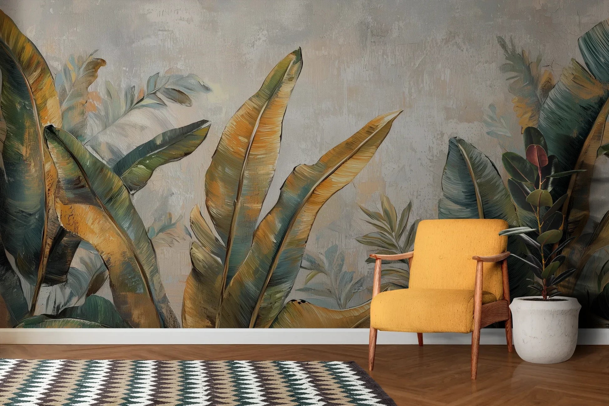 Wzór fototapety GILDED FOLIAGE - tapeta z tropikalnymi liśćmi w złoto-turkusowej palecie pokazanej w aranżacji salonu.