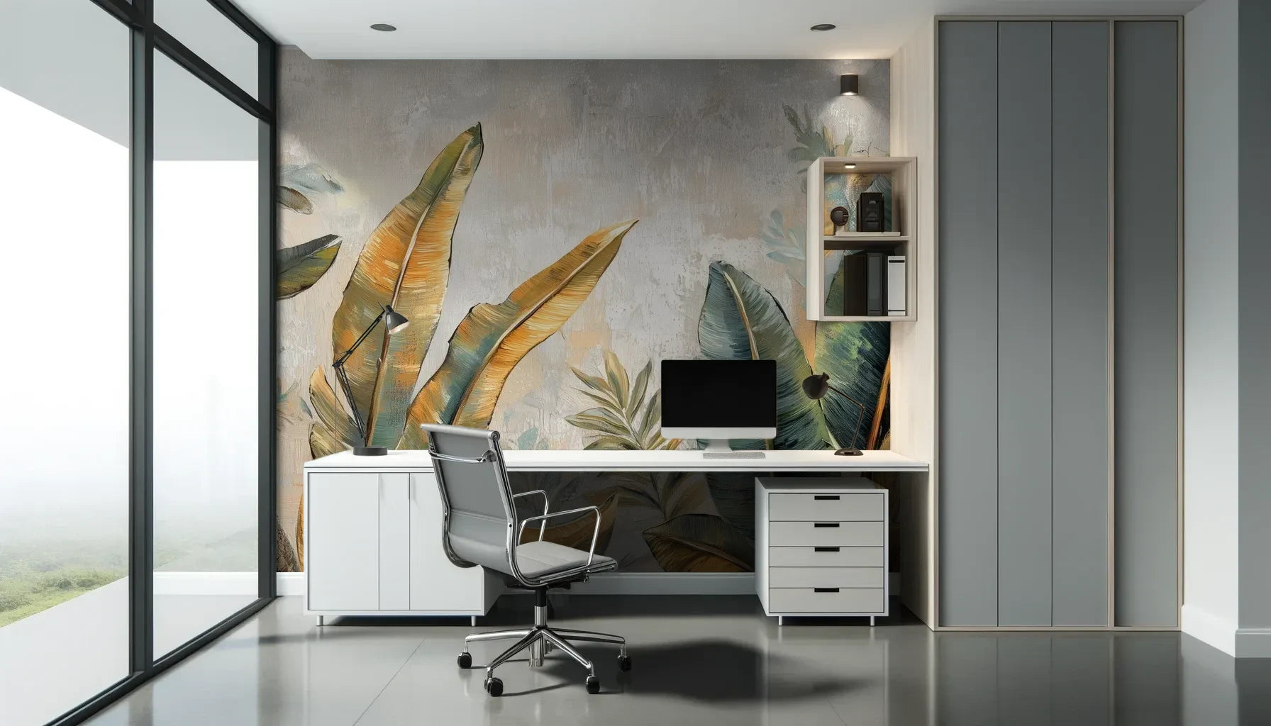 Fototapeta GILDED FOLIAGE - tapeta z tropikalnymi liśćmi w złoto-turkusowej palecie pokazana w aranżacji biura.