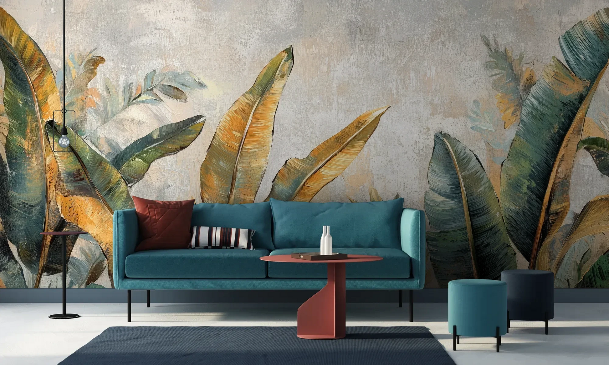 Wzór fototapety GILDED FOLIAGE - tapeta z tropikalnymi liśćmi w złoto-turkusowej palecie pokazanej w aranżacji salonu.
