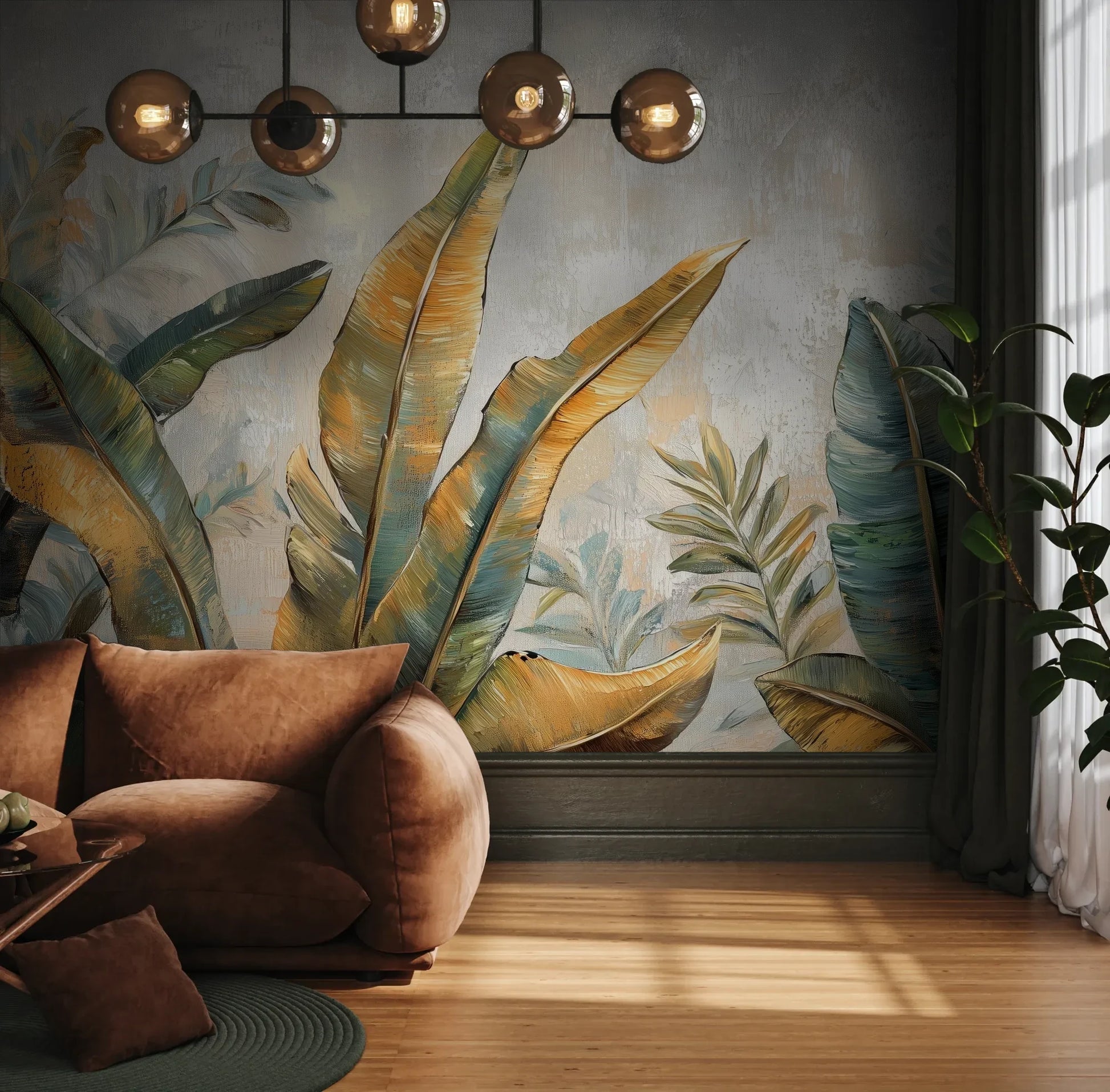 Fototapeta GILDED FOLIAGE - tapeta z tropikalnymi liśćmi w złoto-turkusowej palecie pokazana w aranżacji wnętrza z akcentem na ścianie.