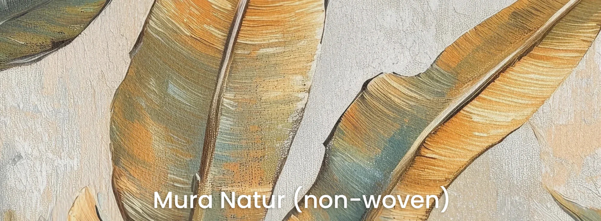 Zbliżenie na fototapetę GILDED FOLIAGE - tapeta z tropikalnymi liśćmi w złoto-turkusowej palecie na naturalnym podłożu ekologicznym.