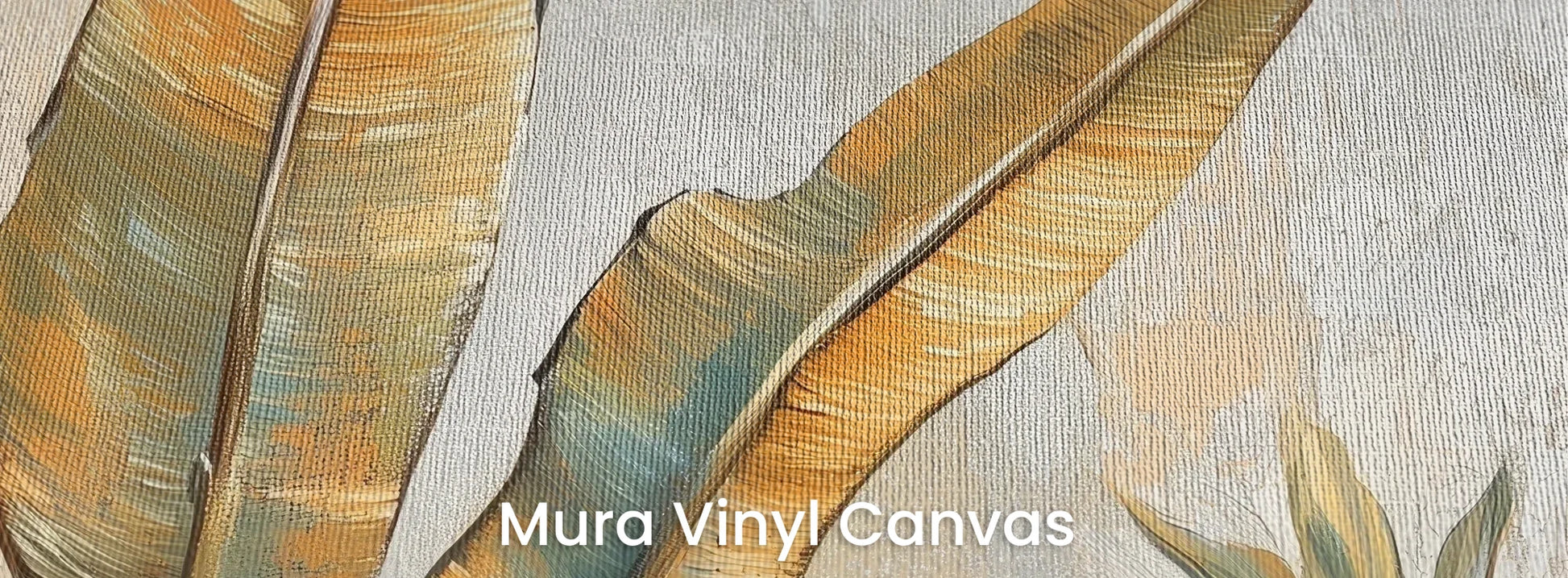 Zbliżenie na fototapetę GILDED FOLIAGE - tapeta z tropikalnymi liśćmi w złoto-turkusowej palecie na podłożu o fakturze płótna.