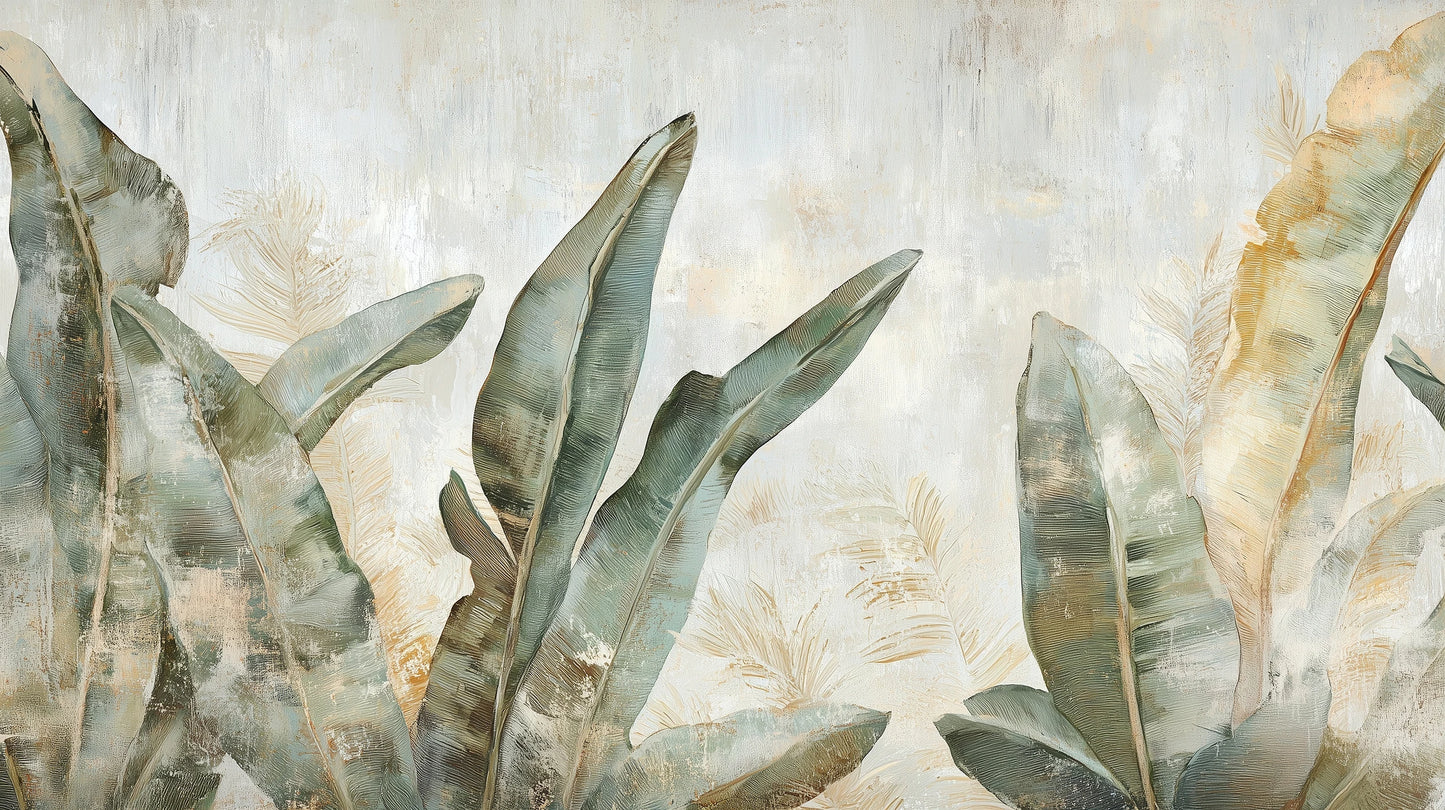 Prezentacja całego wzoru fototapety o nazwie LEAFY SERENADE - tapeta z tropikalnymi liśćmi w akwarelowej poświacie