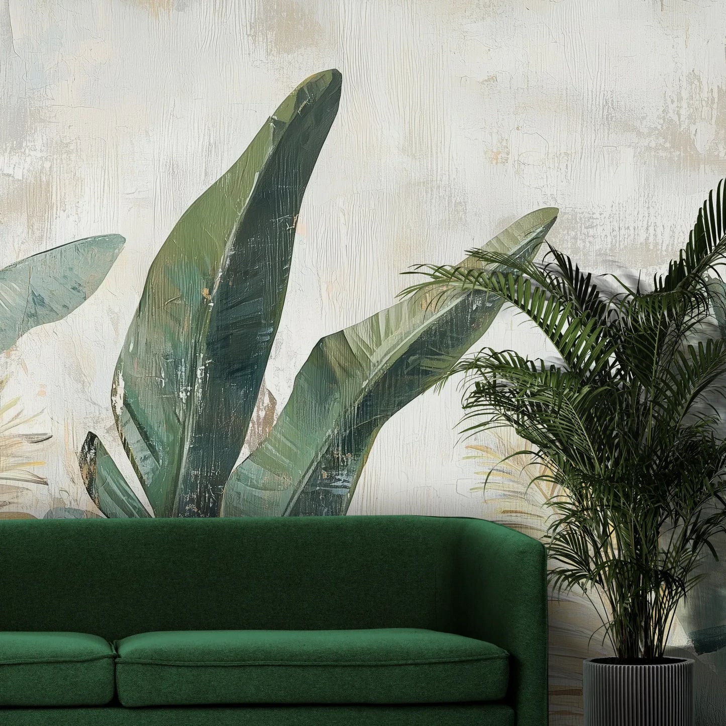 Fototapeta TROPICAL DAWN - tapeta z tropikalnymi liśćmi w pastelowych odcieniach pokazana w aranżacji wnętrza z akcentem na ścianie.