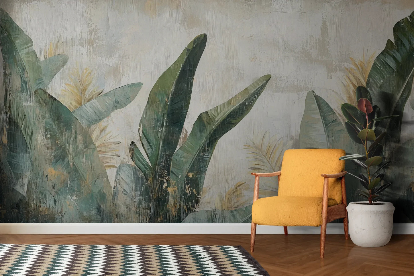 Wzór fototapety TROPICAL DAWN - tapeta z tropikalnymi liśćmi w pastelowych odcieniach pokazanej w aranżacji salonu.