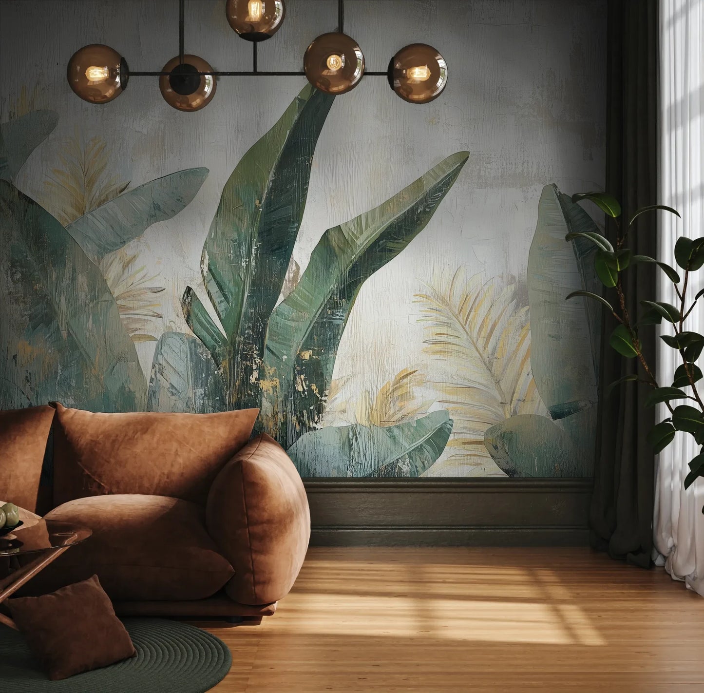 Fototapeta TROPICAL DAWN - tapeta z tropikalnymi liśćmi w pastelowych odcieniach pokazana w aranżacji wnętrza z akcentem na ścianie.