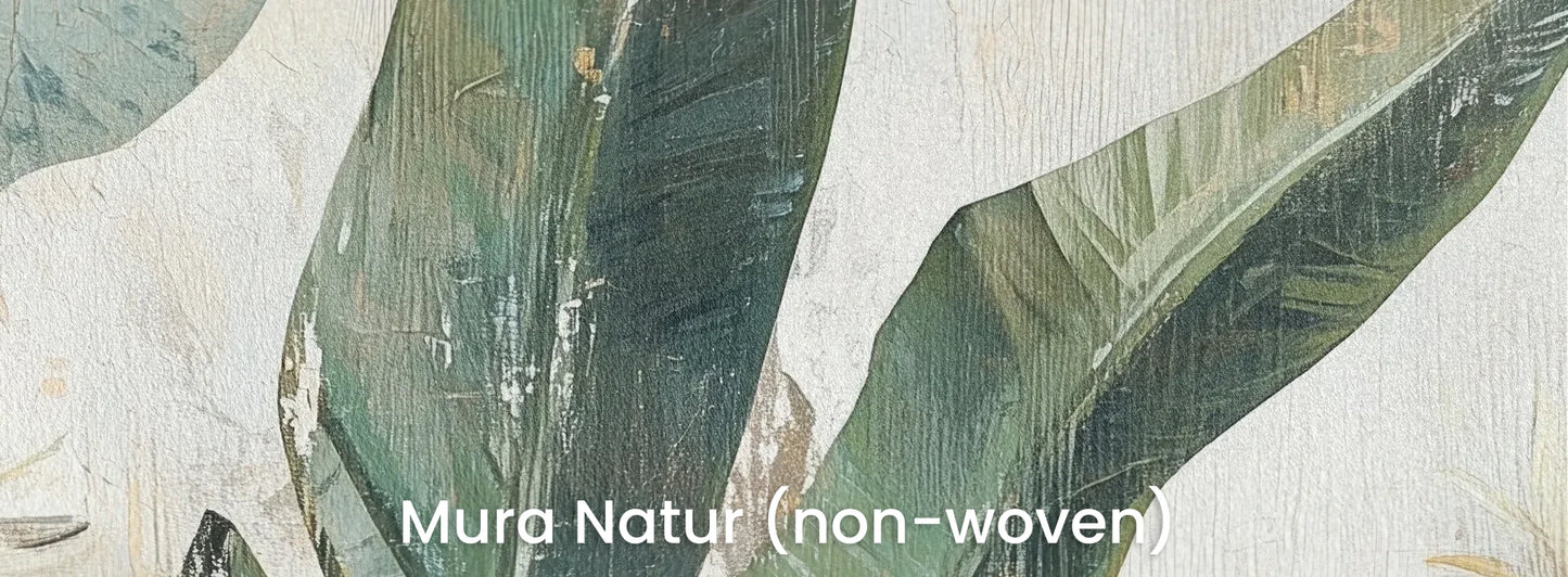Zbliżenie na fototapetę TROPICAL DAWN - tapeta z tropikalnymi liśćmi w pastelowych odcieniach na naturalnym podłożu ekologicznym.